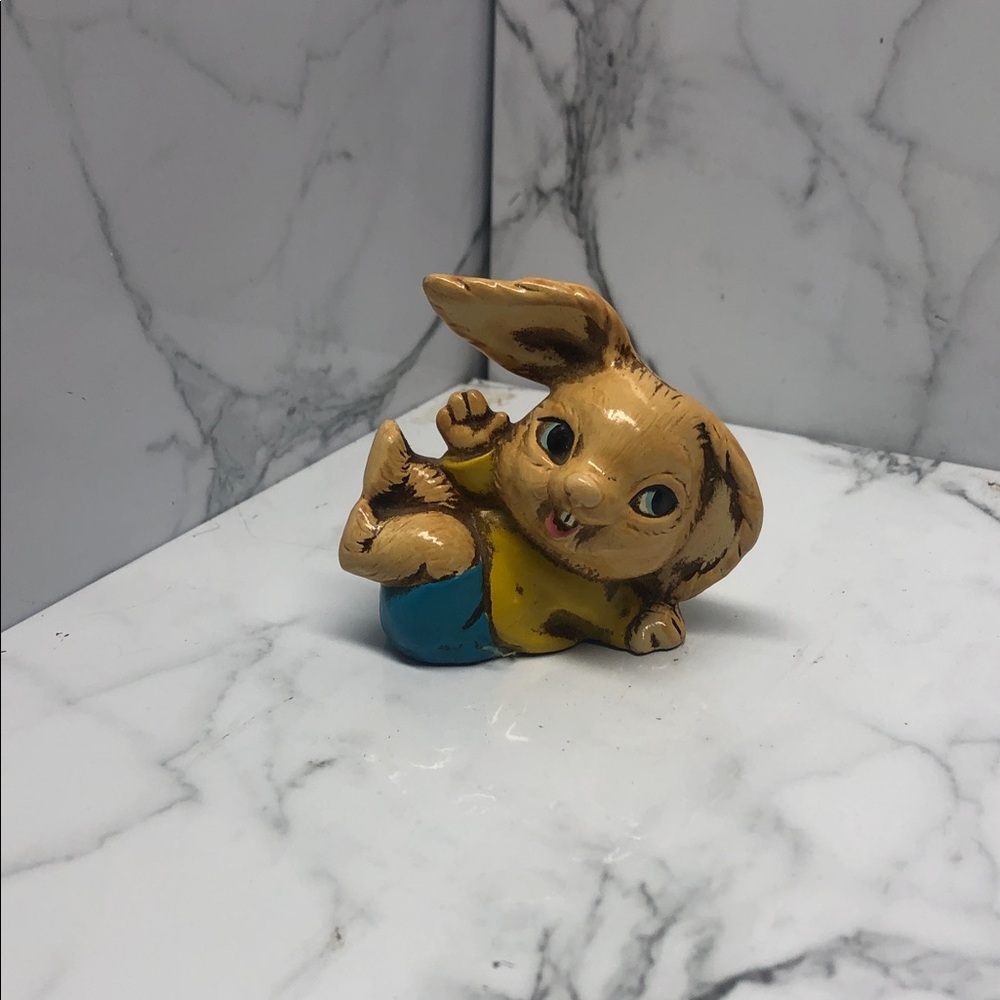 Cute Vintage Bunny Figurine in Tan, Yellow, Blue